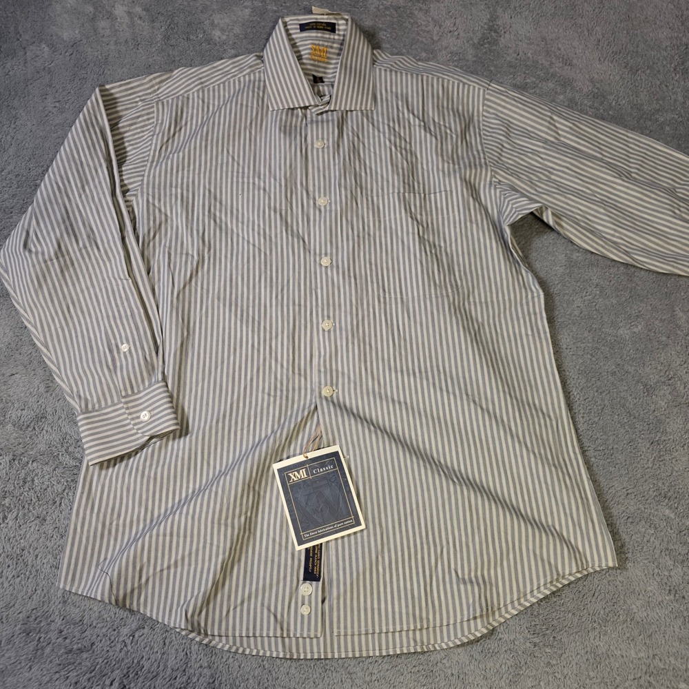 XMI Mens 16x33 Dress Shirt Grey Striped Long Sleeve Cotton Classic Fit‎ R13303
